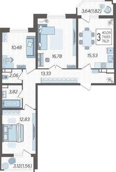 3-к квартира, строящийся дом, 80м2, 16/23 этаж