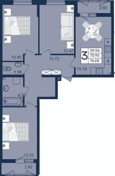 3-к квартира, вторичка, 77м2, 2/18 этаж