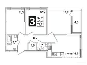 3-к квартира, вторичка, 73м2, 6/16 этаж