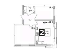 2-к квартира, вторичка, 59м2, 3/16 этаж