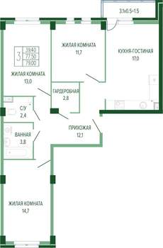 3-к квартира, вторичка, 81м2, 1/7 этаж