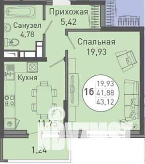 1-к квартира, вторичка, 45м2, 8/20 этаж