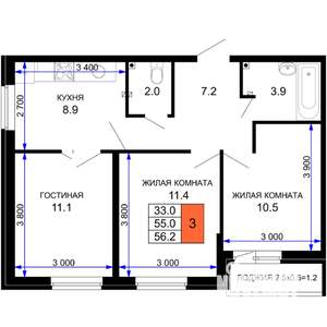 3-к квартира, вторичка, 56м2, 2/16 этаж