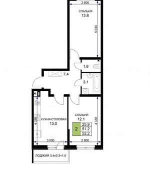 2-к квартира, вторичка, 51м2, 7/16 этаж