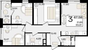 3-к квартира, вторичка, 68м2, 7/18 этаж
