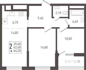 2-к квартира, вторичка, 66м2, 7/8 этаж