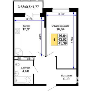 1-к квартира, вторичка, 45м2, 5/15 этаж