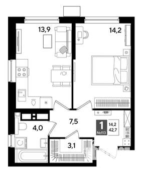 1-к квартира, строящийся дом, 43м2, 13/19 этаж