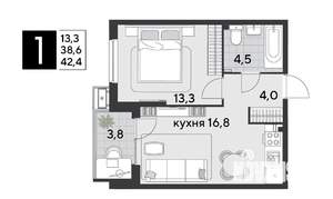 1-к квартира, строящийся дом, 42м2, 2/18 этаж