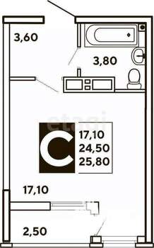 1-к квартира, вторичка, 25м2, 10/17 этаж