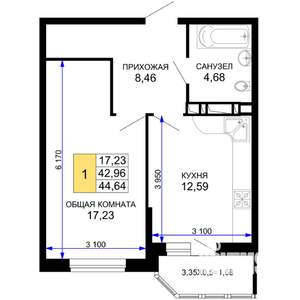 1-к квартира, вторичка, 45м2, 4/19 этаж