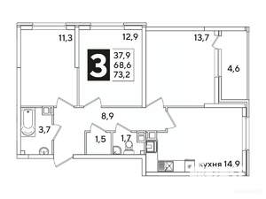 3-к квартира, вторичка, 72м2, 2/16 этаж