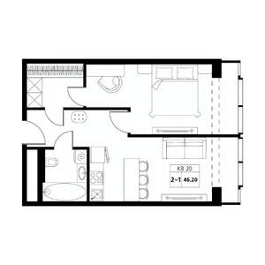 2-к квартира, строящийся дом, 46м2, 16/19 этаж