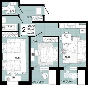 2-к квартира, вторичка, 63м2, 1/18 этаж