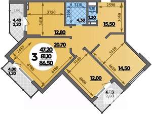 3-к квартира, строящийся дом, 87м2, 19/22 этаж