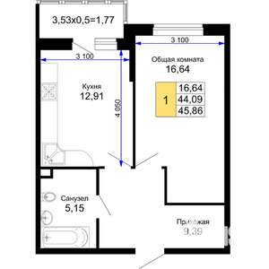 1-к квартира, строящийся дом, 46м2, 4/15 этаж