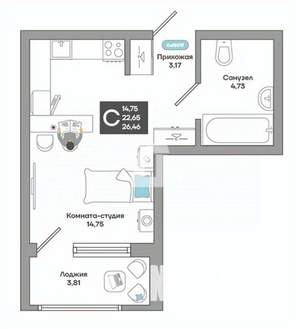 Студия квартира, вторичка, 27м2, 12/18 этаж