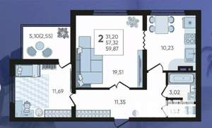 2-к квартира, вторичка, 60м2, 9/20 этаж