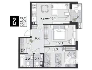2-к квартира, строящийся дом, 70м2, 3/9 этаж