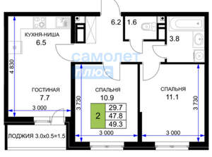 2-к квартира, вторичка, 49м2, 5/16 этаж