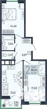 2-к квартира, вторичка, 60м2, 6/21 этаж