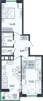 2-к квартира, вторичка, 60м2, 15/21 этаж