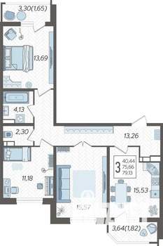 3-к квартира, строящийся дом, 80м2, 10/23 этаж