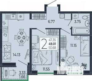 2-к квартира, вторичка, 49м2, 2/21 этаж