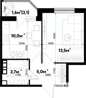 1-к квартира, строящийся дом, 34м2, 9/9 этаж