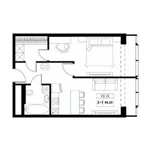 2-к квартира, строящийся дом, 46м2, 17/19 этаж