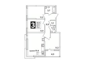 3-к квартира, вторичка, 73м2, 6/16 этаж