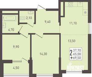 2-к квартира, вторичка, 70м2, 5/8 этаж