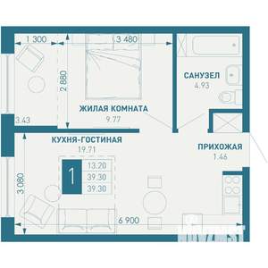 1-к квартира, вторичка, 39м2, 7/9 этаж