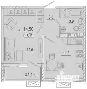 1-к квартира, вторичка, 33м2, 7/9 этаж