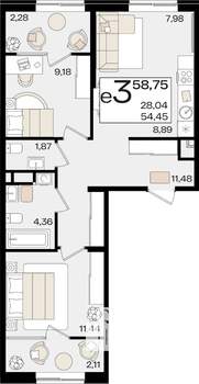 3-к квартира, строящийся дом, 59м2, 6/18 этаж