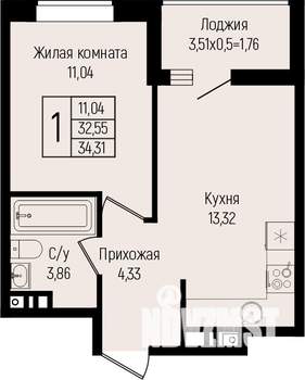 1-к квартира, вторичка, 34м2, 3/15 этаж