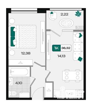 1-к квартира, вторичка, 36м2, 6/9 этаж
