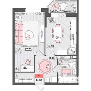 1-к квартира, строящийся дом, 45м2, 19/19 этаж