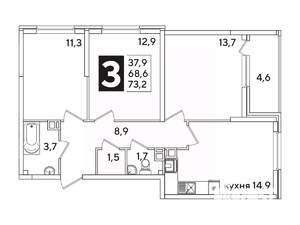 3-к квартира, вторичка, 73м2, 6/16 этаж
