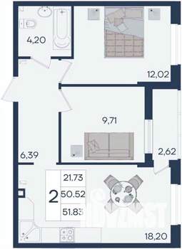 2-к квартира, вторичка, 52м2, 2/18 этаж