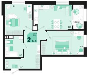 2-к квартира, вторичка, 60м2, 3/18 этаж