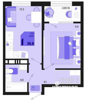 1-к квартира, вторичка, 37м2, 15/18 этаж