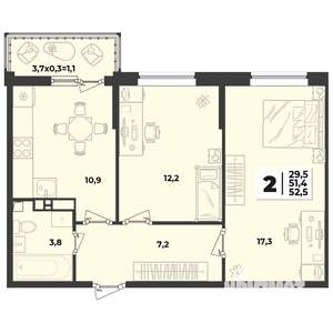 1-к квартира, строящийся дом, 43м2, 8/9 этаж