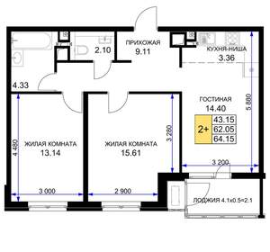 2-к квартира, вторичка, 64м2, 12/16 этаж