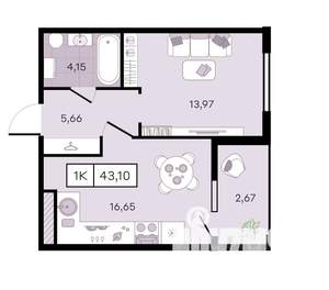 1-к квартира, вторичка, 43м2, 3/8 этаж