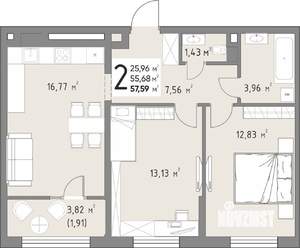 2-к квартира, вторичка, 58м2, 14/15 этаж