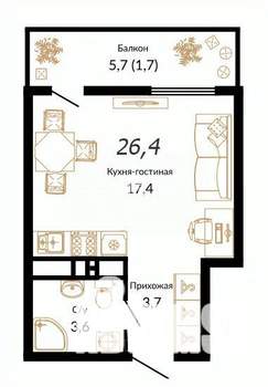Студия квартира, вторичка, 26м2, 14/15 этаж