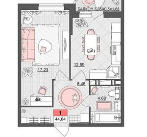 1-к квартира, вторичка, 45м2, 17/19 этаж