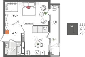 1-к квартира, строящийся дом, 44м2, 24/24 этаж