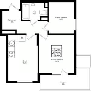 2-к квартира, вторичка, 51м2, 8/10 этаж